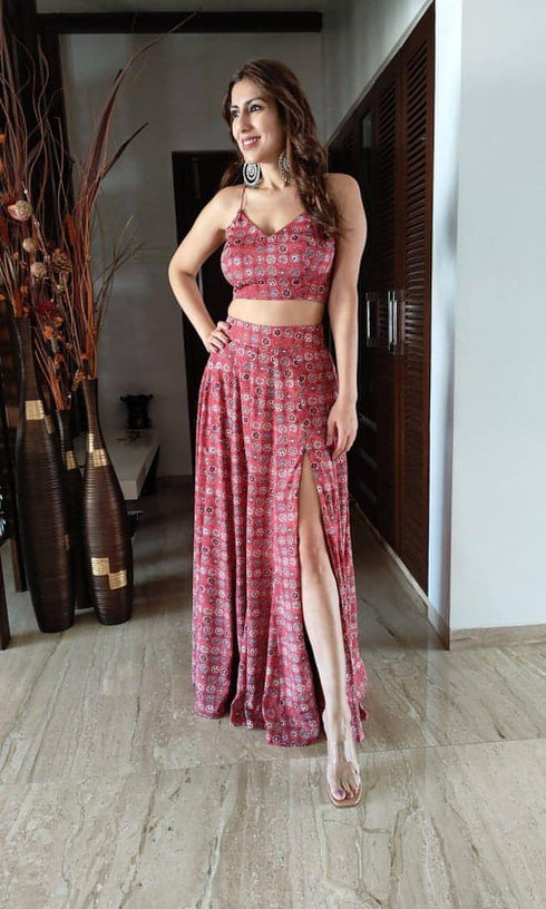 Tomato Red Slit Skirt Coord Set